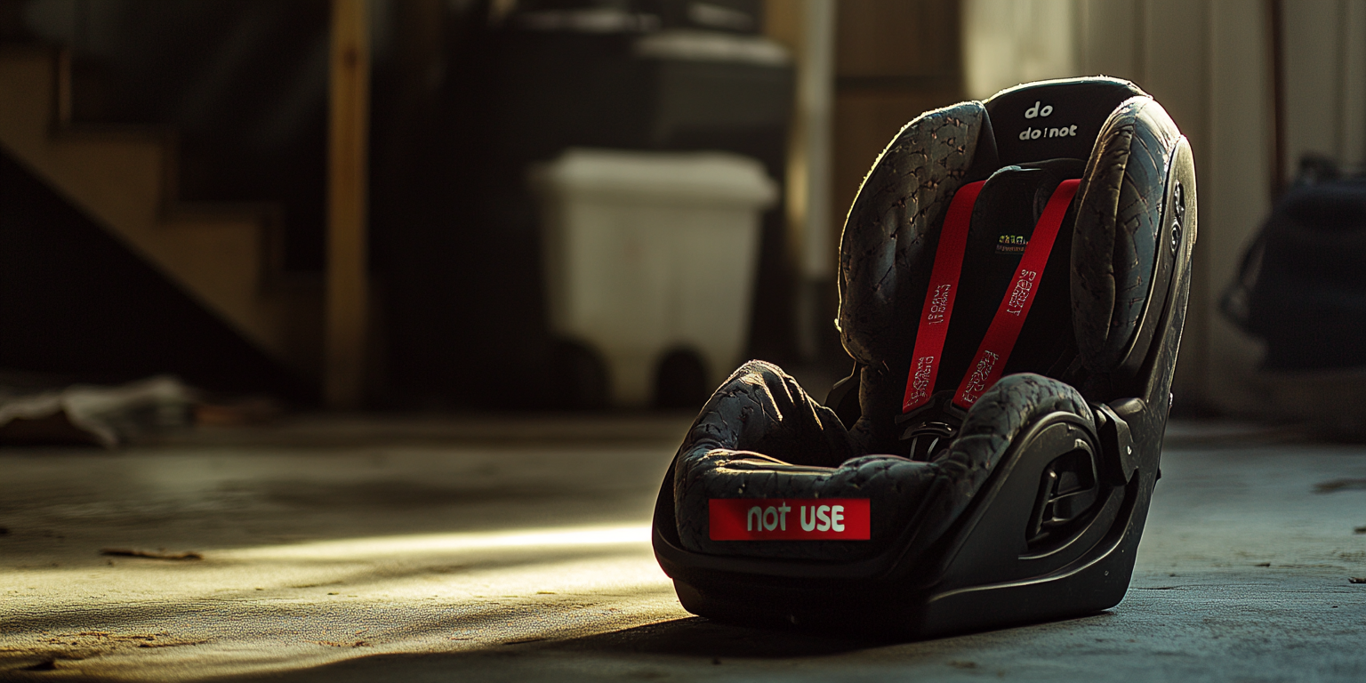 Infant seat with visible harness damage after crash—straps cut for disposal